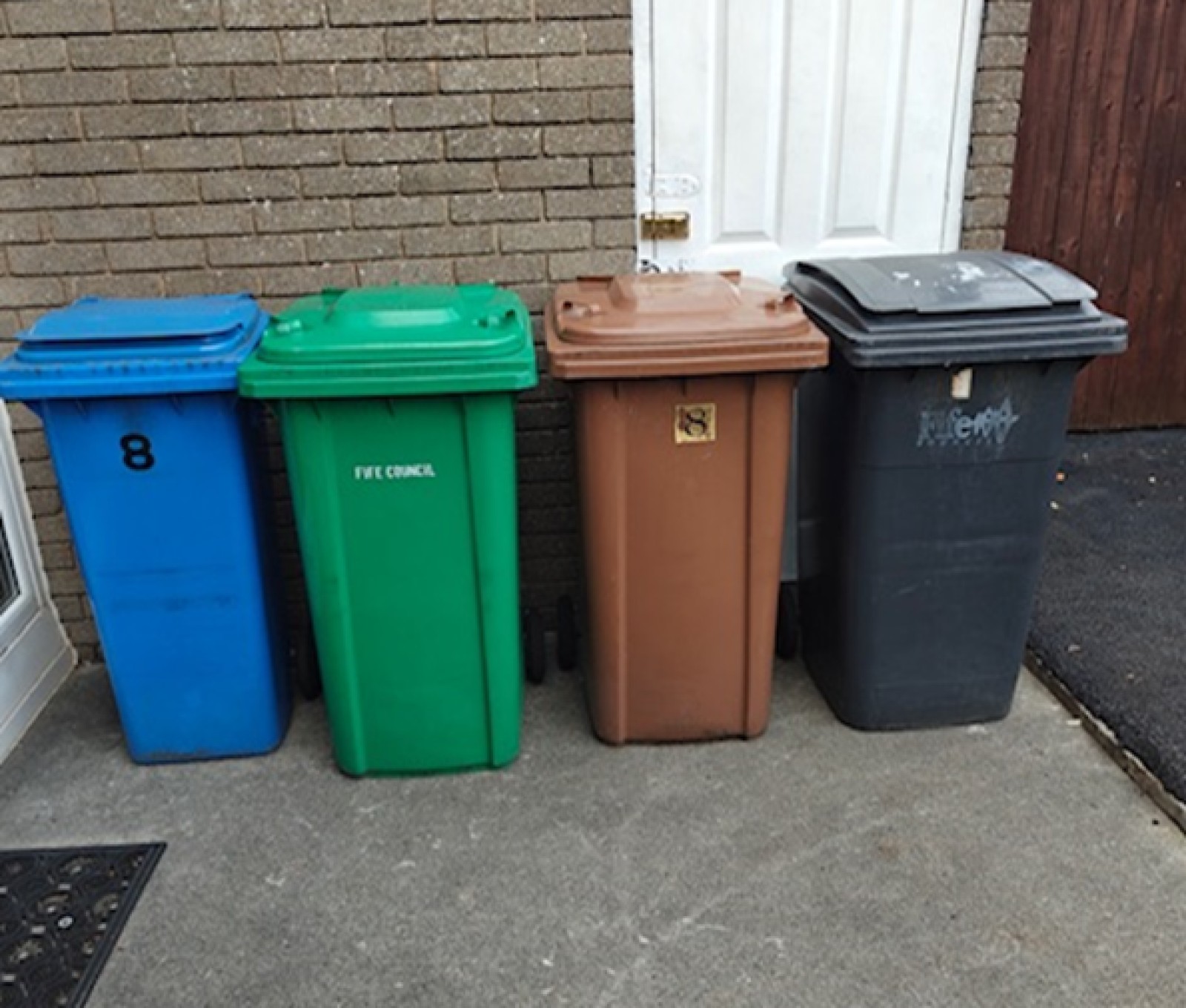 These bins are colour coded and apply to Fife Council in Scotland